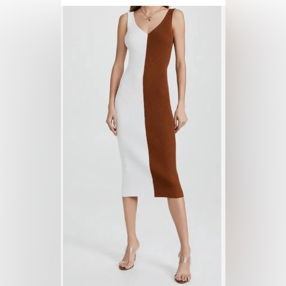 STAUD Dana Colorblocked Midi Dress Brown & White Size XS EUC